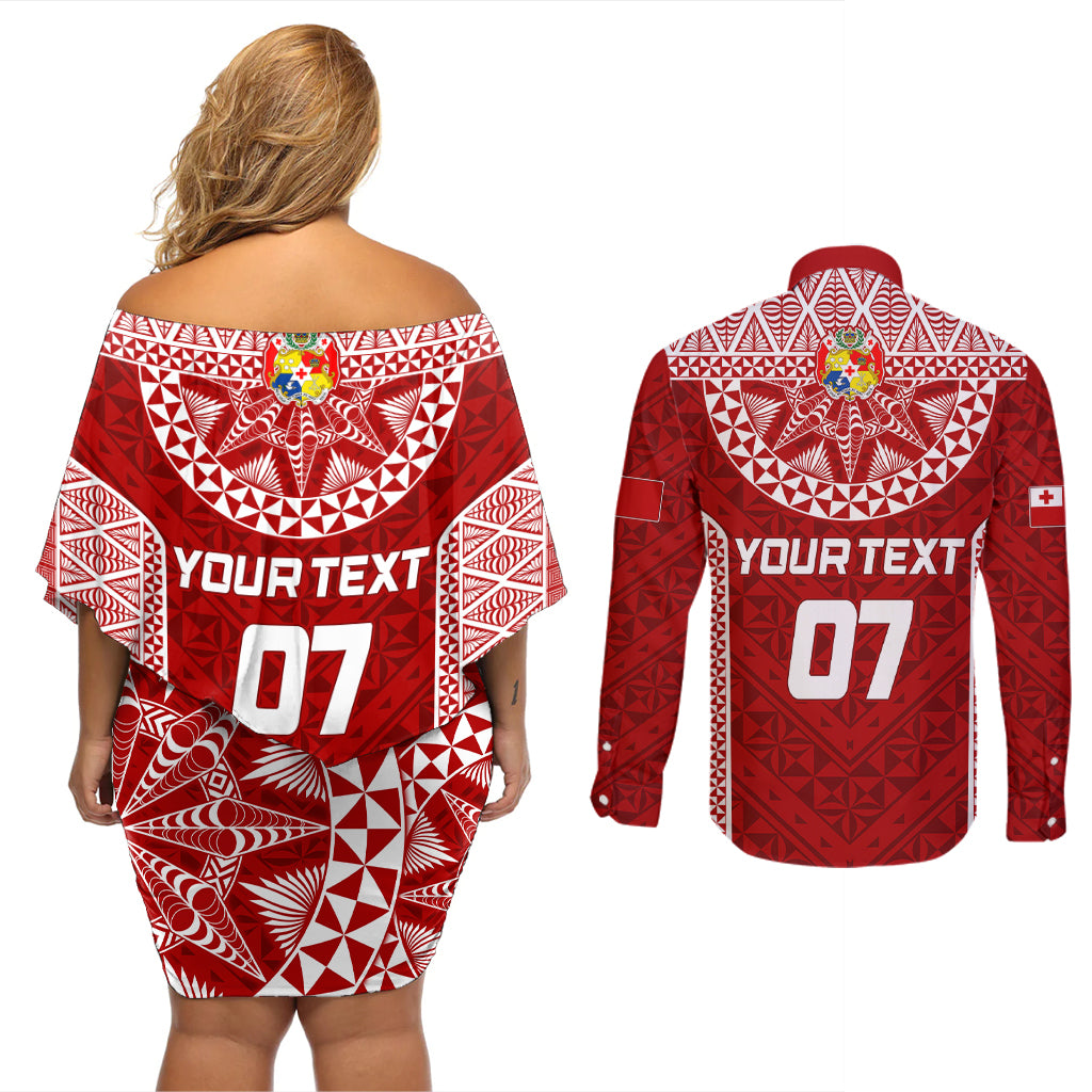 Personalised Tonga Rugby Couples Matching Off Shoulder Short Dress and Long Sleeve Button Shirts Ikale Tahi Champions World Cup 2023 LT7 - Polynesian Pride