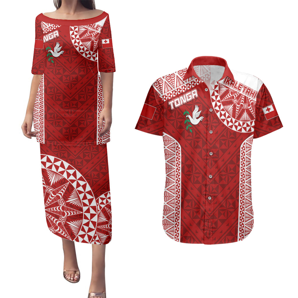 Personalised Tonga Rugby Couples Matching Puletasi Dress and Hawaiian Shirt Ikale Tahi Champions World Cup 2023 LT7 Red - Polynesian Pride