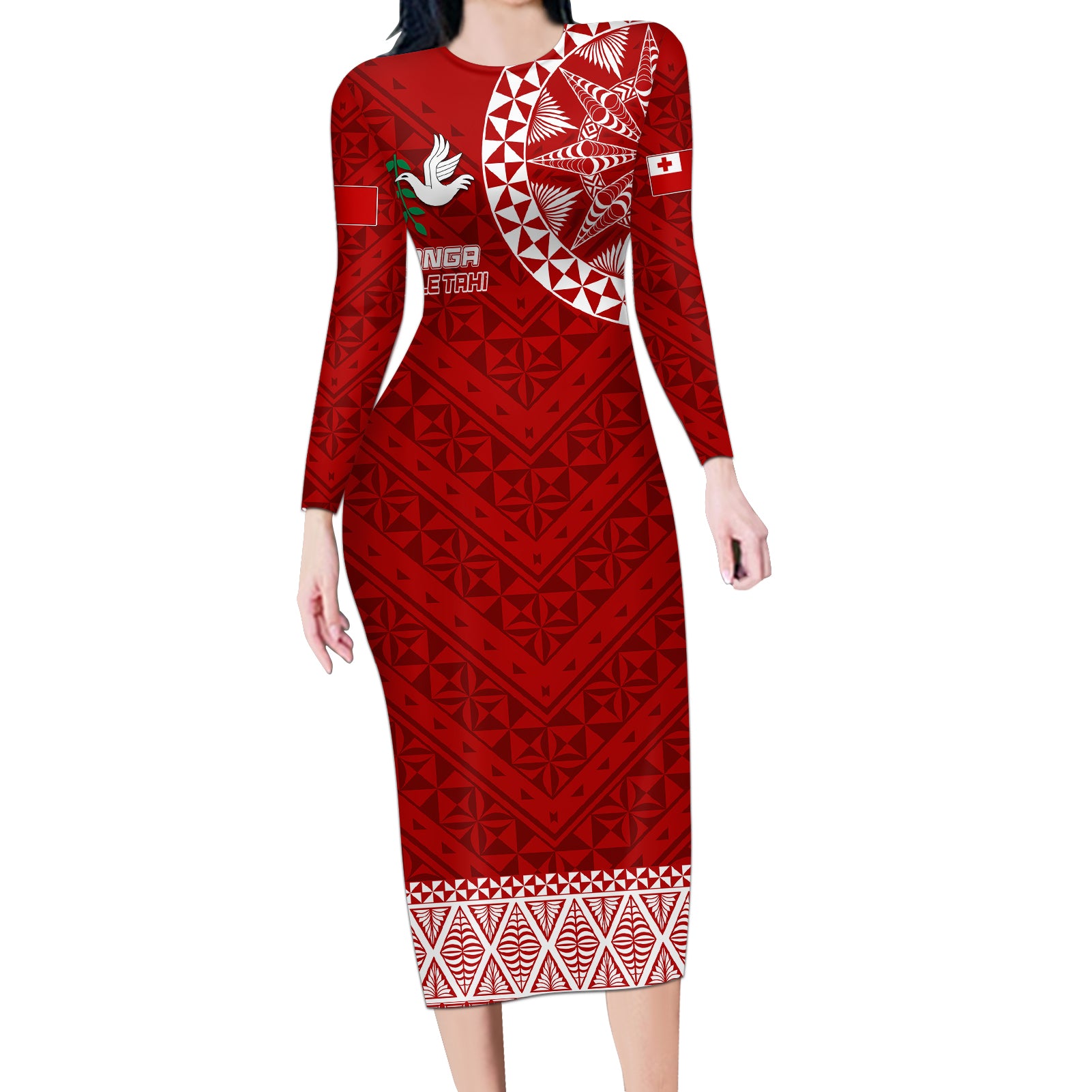 Personalised Tonga Rugby Long Sleeve Bodycon Dress Ikale Tahi Champions World Cup 2023 LT7 Long Dress Red - Polynesian Pride