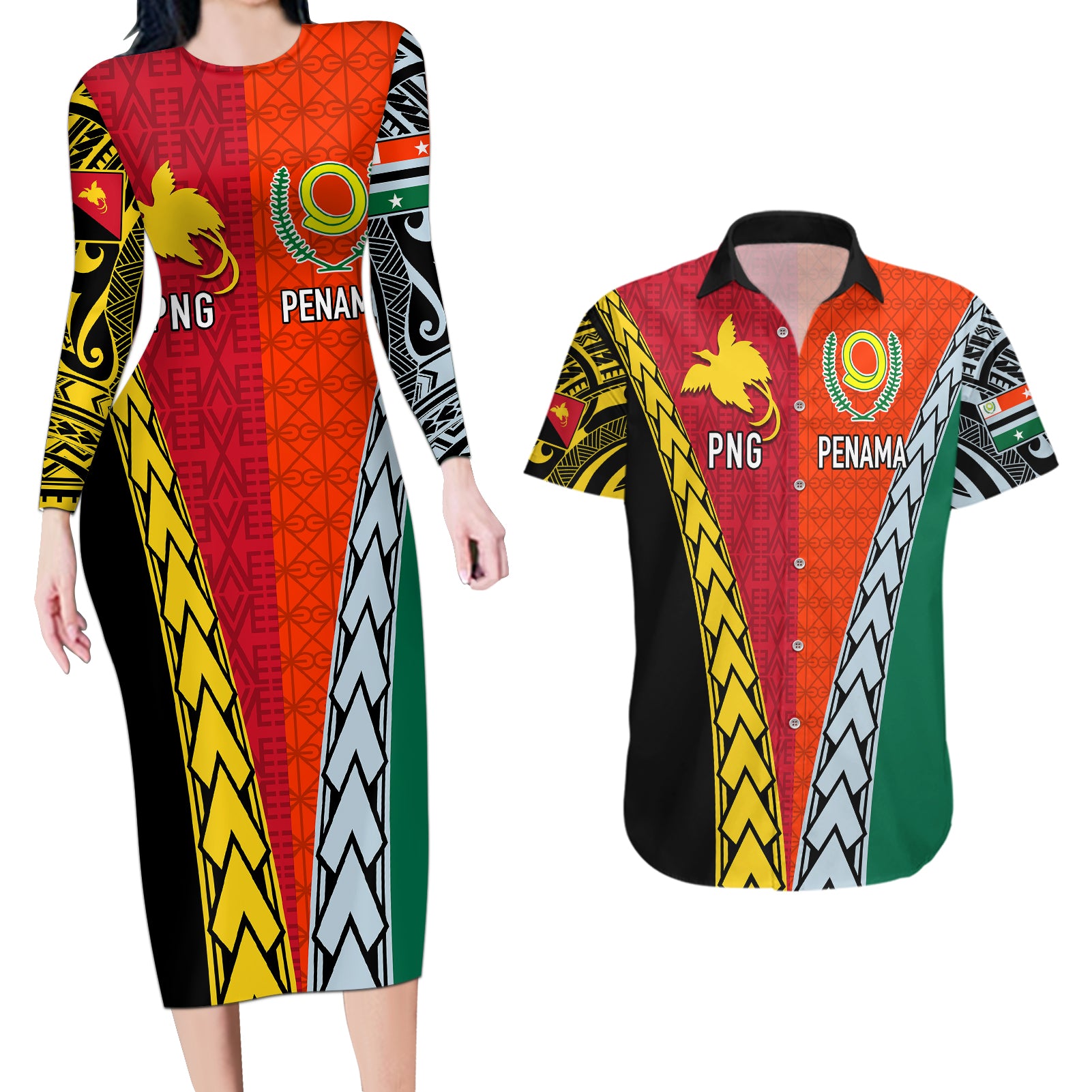 Personalised Papua New Guinea Mix Penama Couples Matching Long Sleeve Bodycon Dress and Hawaiian Shirt Tribal Patterns Half-Half Style LT7 Colorful - Polynesian Pride