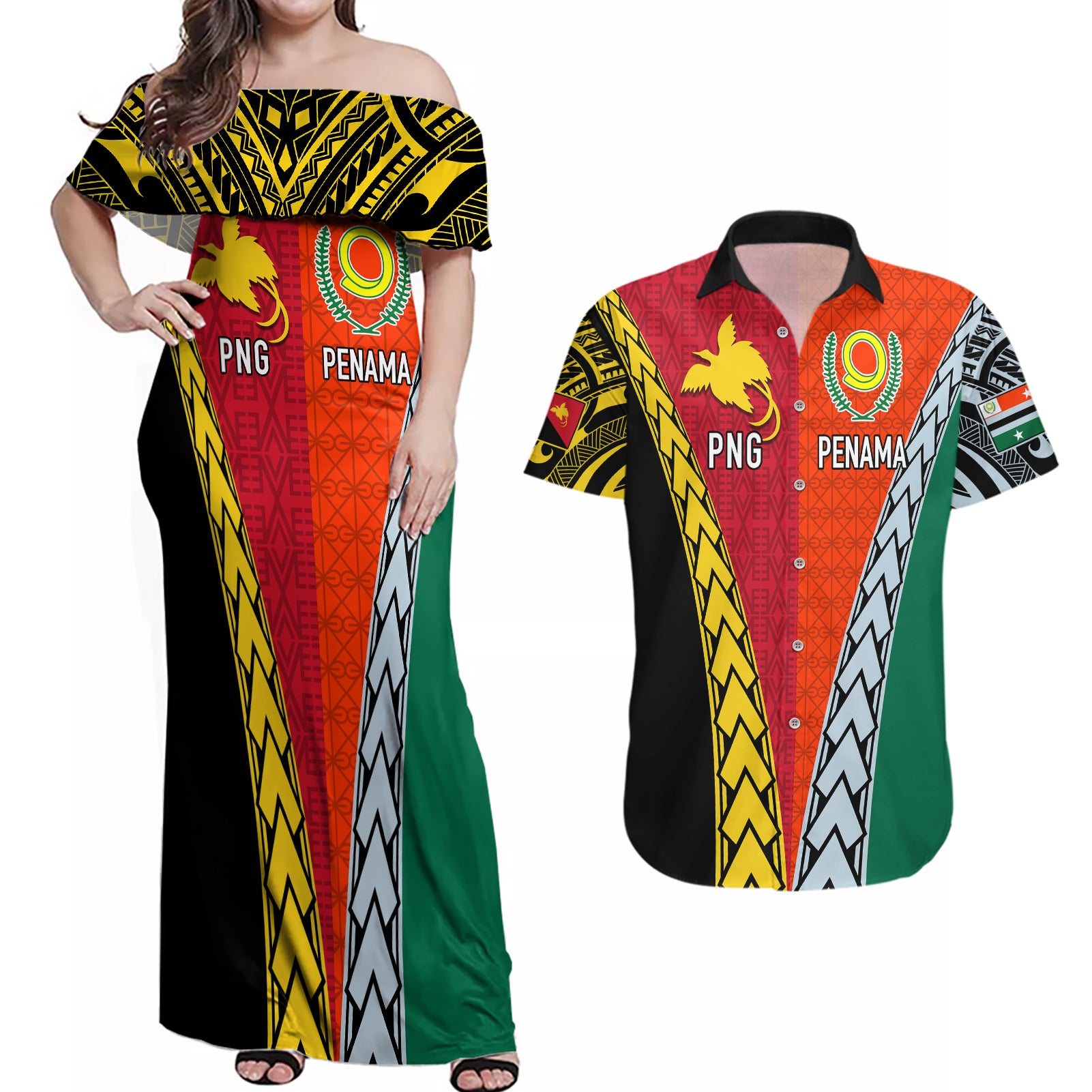 Personalised Papua New Guinea Mix Penama Couples Matching Off Shoulder Maxi Dress and Hawaiian Shirt Tribal Patterns Half-Half Style LT7 Colorful - Polynesian Pride