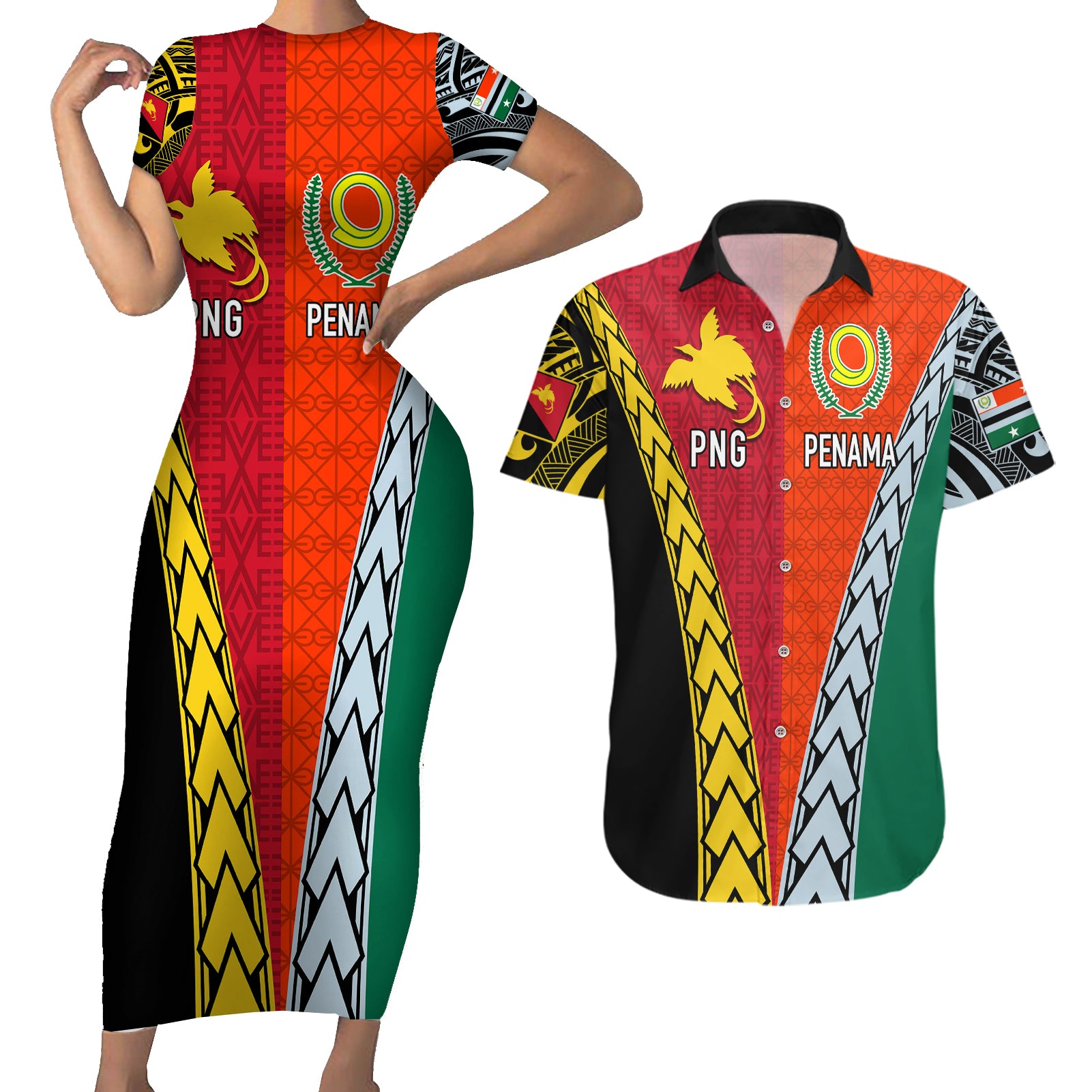 Personalised Papua New Guinea Mix Penama Couples Matching Short Sleeve Bodycon Dress and Hawaiian Shirt Tribal Patterns Half-Half Style LT7 Colorful - Polynesian Pride