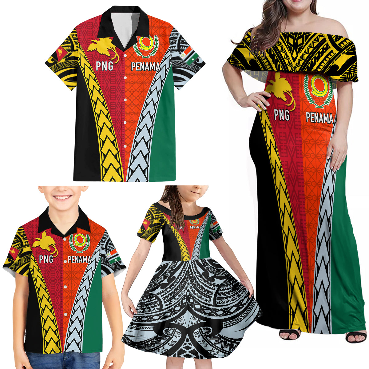 Personalised Papua New Guinea Mix Penama Family Matching Off Shoulder Maxi Dress and Hawaiian Shirt Tribal Patterns Half-Half Style LT7 - Polynesian Pride