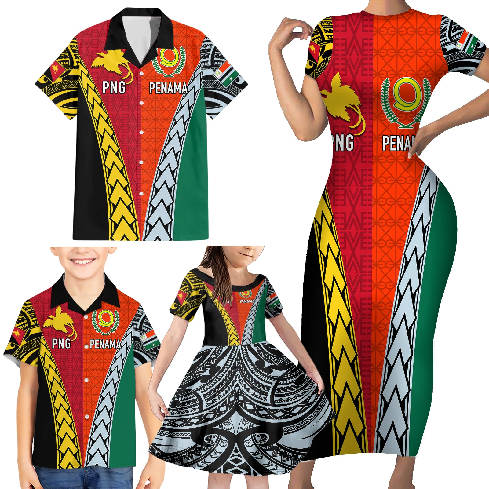 Personalised Papua New Guinea Mix Penama Family Matching Short Sleeve Bodycon Dress and Hawaiian Shirt Tribal Patterns Half-Half Style LT7 - Polynesian Pride