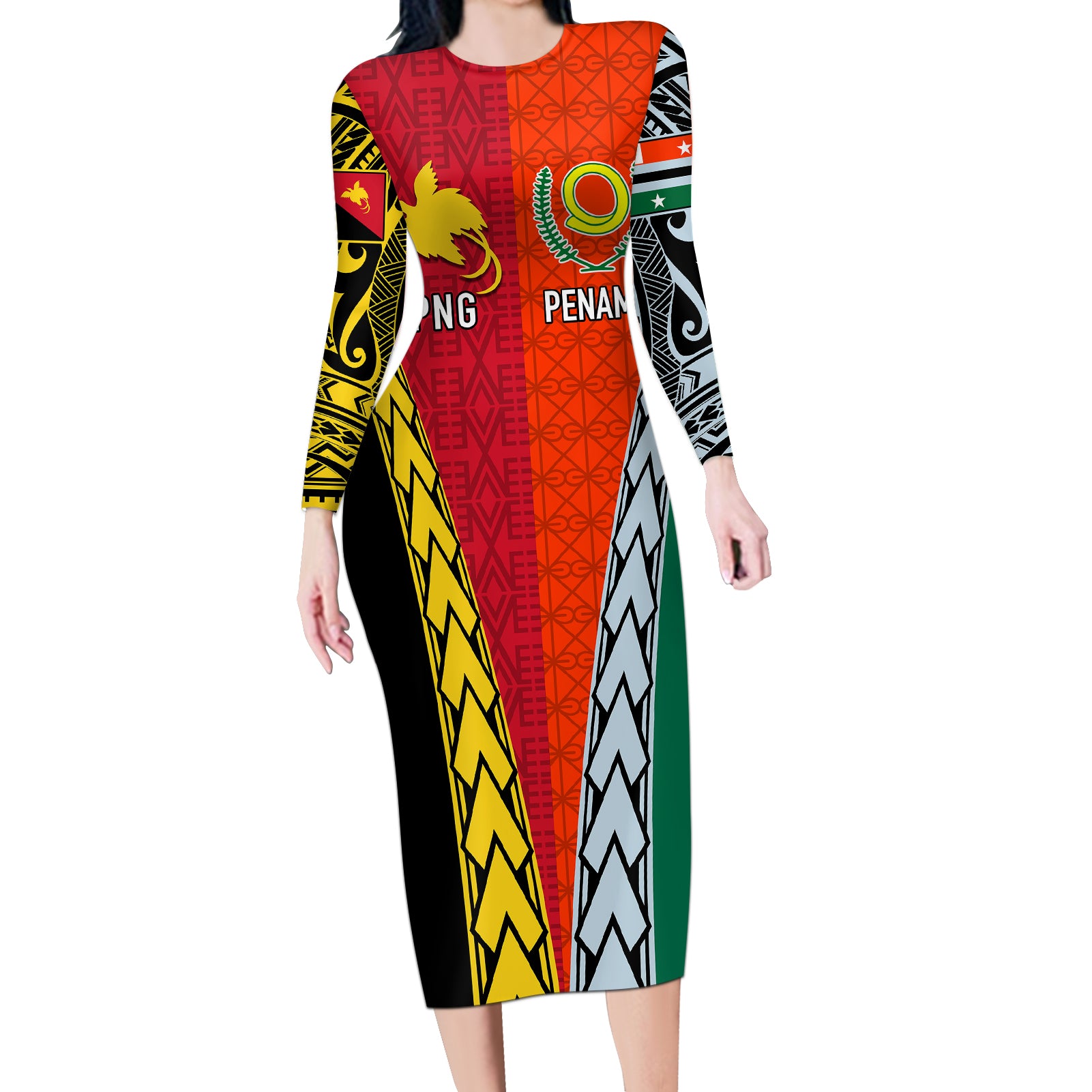 Personalised Papua New Guinea Mix Penama Long Sleeve Bodycon Dress Tribal Patterns Half-Half Style LT7 Long Dress Colorful - Polynesian Pride