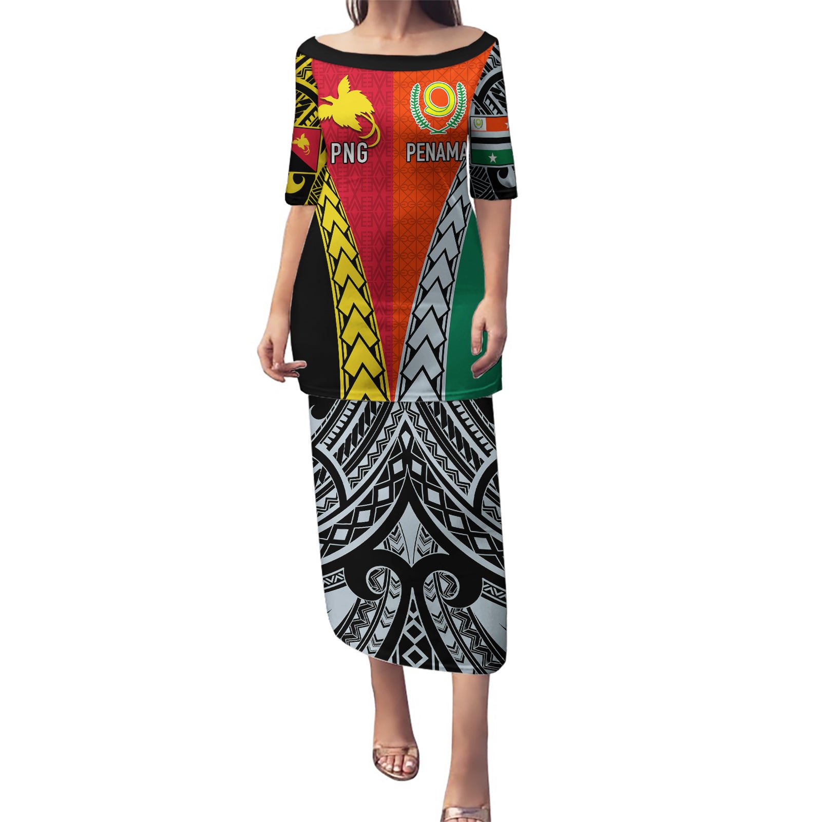 Personalised Papua New Guinea Mix Penama Puletasi Tribal Patterns Half-Half Style LT7 Long Dress Colorful - Polynesian Pride