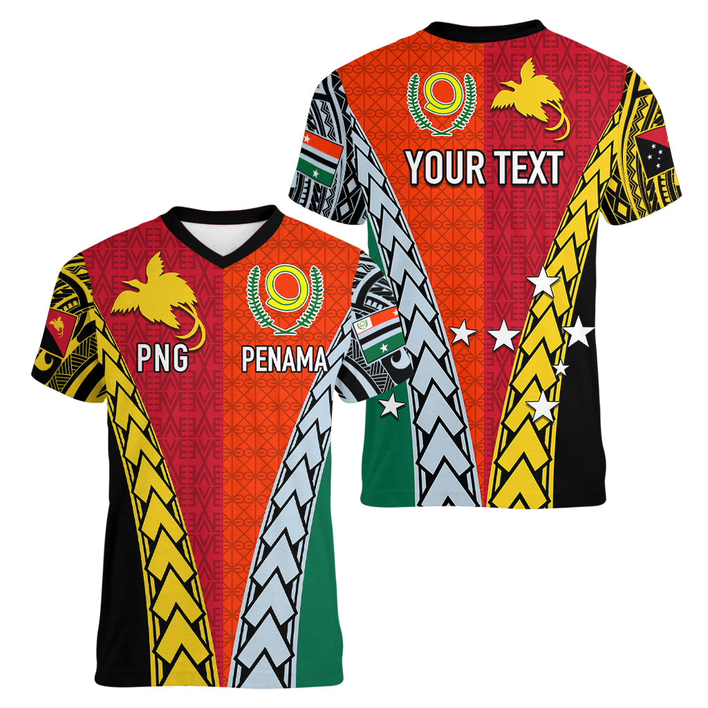 Personalised Papua New Guinea Mix Penama Women V Neck T Shirt Tribal Patterns Half-Half Style LT7 - Polynesian Pride