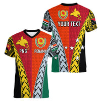 Personalised Papua New Guinea Mix Penama Women V Neck T Shirt Tribal Patterns Half-Half Style LT7 - Polynesian Pride