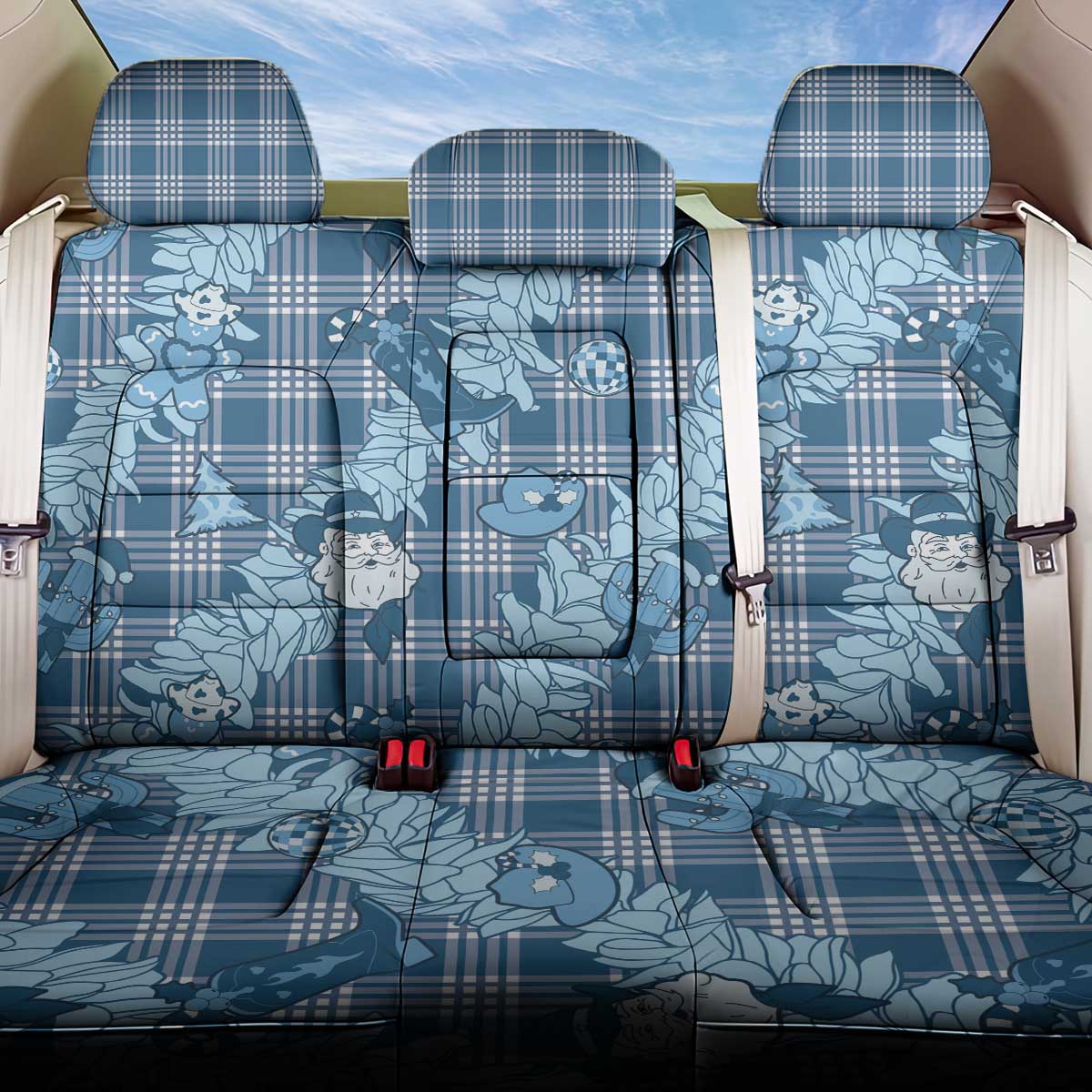 Blue Palaka Hawaii Cowboy Christmas Back Car Seat Cover Paniolo Mix Maile Lei - Polynesian Pride