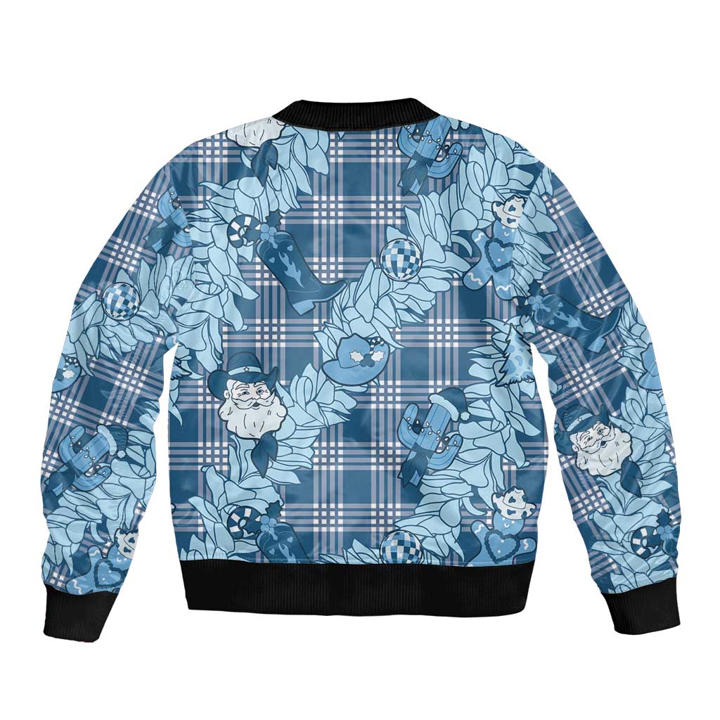 Blue Palaka Hawaii Cowboy Christmas Bomber Jacket Paniolo Mix Maile Lei - Polynesian Pride