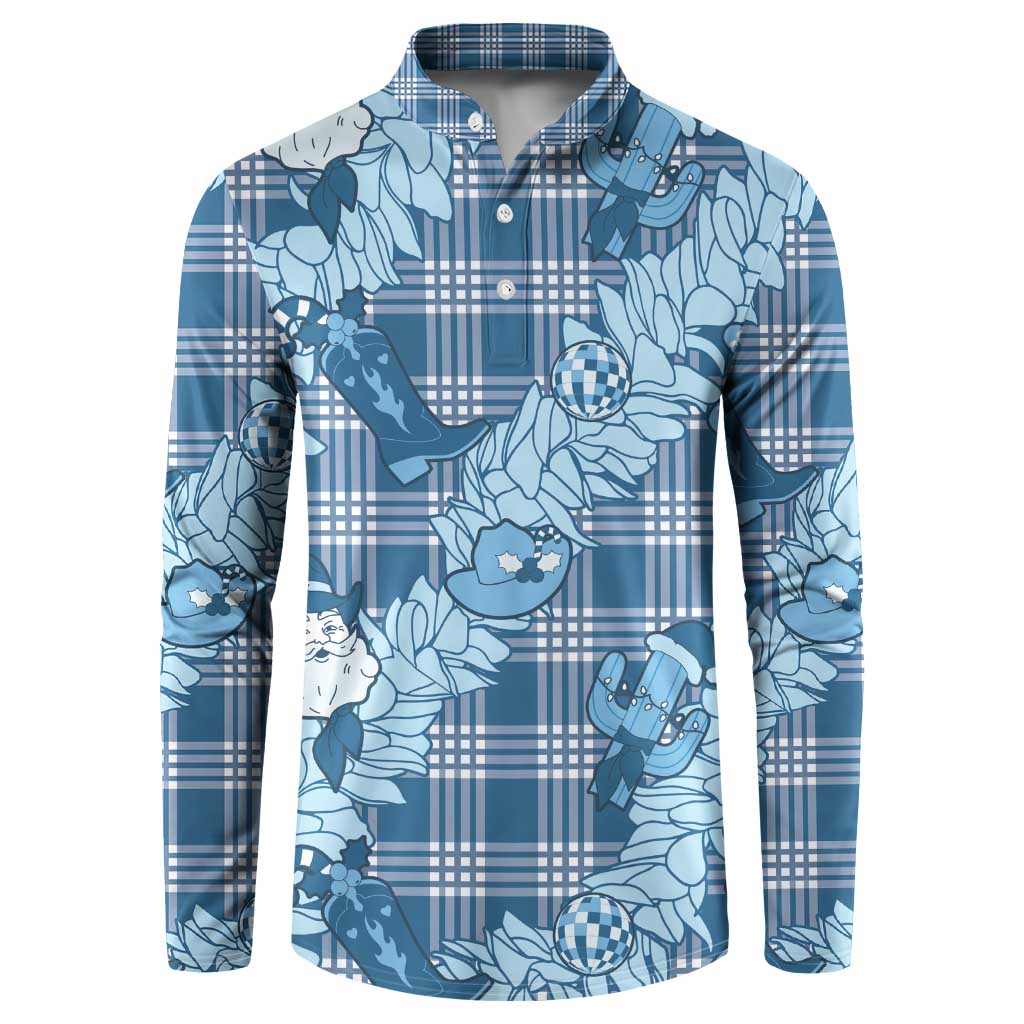 Blue Palaka Hawaii Cowboy Christmas Button Sweatshirt Paniolo Mix Maile Lei - Polynesian Pride