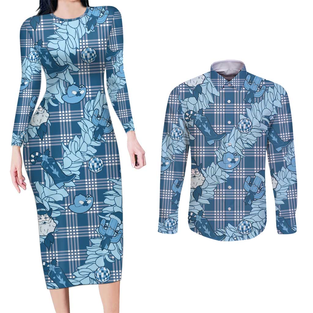 Blue Palaka Hawaii Cowboy Christmas Couples Matching Long Sleeve Bodycon Dress and Long Sleeve Button Shirt Paniolo Mix Maile Lei - Polynesian Pride