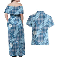 Blue Palaka Hawaii Cowboy Christmas Couples Matching Off Shoulder Maxi Dress and Hawaiian Shirt Paniolo Mix Maile Lei - Polynesian Pride