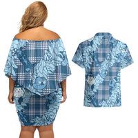 Blue Palaka Hawaii Cowboy Christmas Couples Matching Off Shoulder Short Dress and Hawaiian Shirt Paniolo Mix Maile Lei - Polynesian Pride