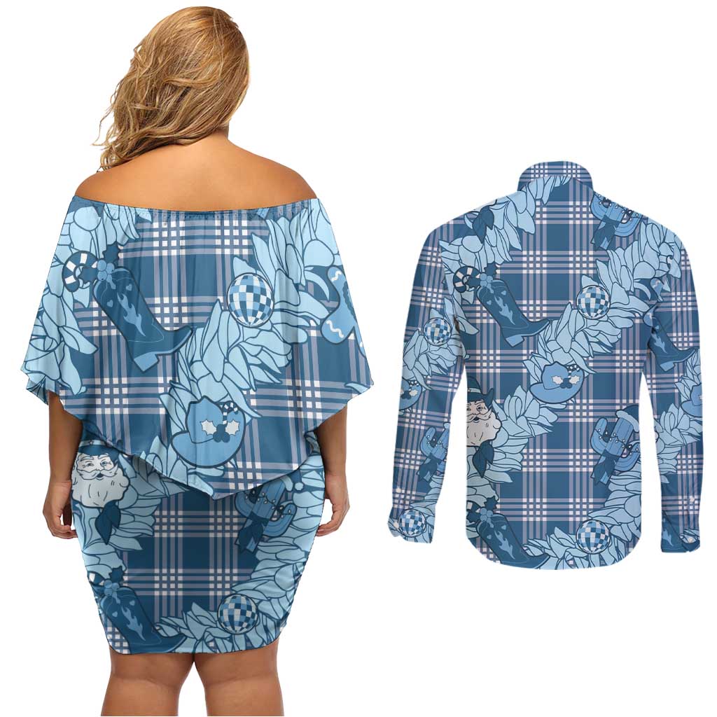 Blue Palaka Hawaii Cowboy Christmas Couples Matching Off Shoulder Short Dress and Long Sleeve Button Shirt Paniolo Mix Maile Lei - Polynesian Pride