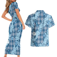 Blue Palaka Hawaii Cowboy Christmas Couples Matching Short Sleeve Bodycon Dress and Hawaiian Shirt Paniolo Mix Maile Lei - Polynesian Pride