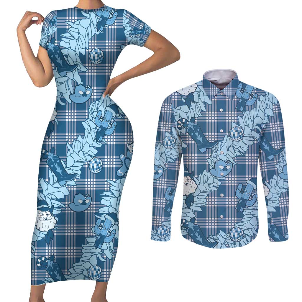Blue Palaka Hawaii Cowboy Christmas Couples Matching Short Sleeve Bodycon Dress and Long Sleeve Button Shirt Paniolo Mix Maile Lei - Polynesian Pride