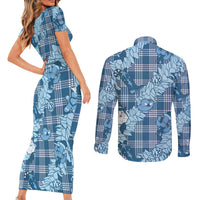 Blue Palaka Hawaii Cowboy Christmas Couples Matching Short Sleeve Bodycon Dress and Long Sleeve Button Shirt Paniolo Mix Maile Lei - Polynesian Pride