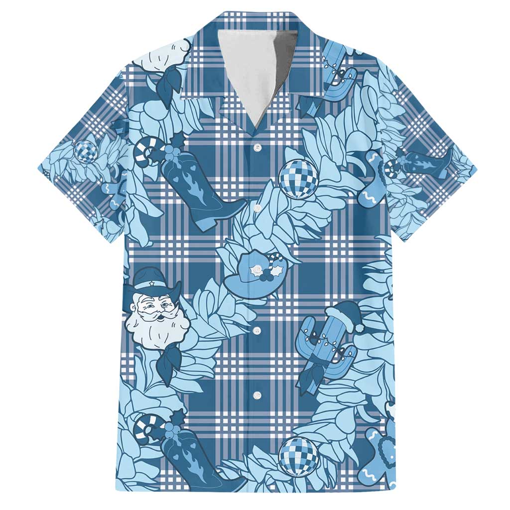 Blue Palaka Hawaii Cowboy Christmas Family Matching Off Shoulder Short Dress and Hawaiian Shirt Paniolo Mix Maile Lei - Polynesian Pride