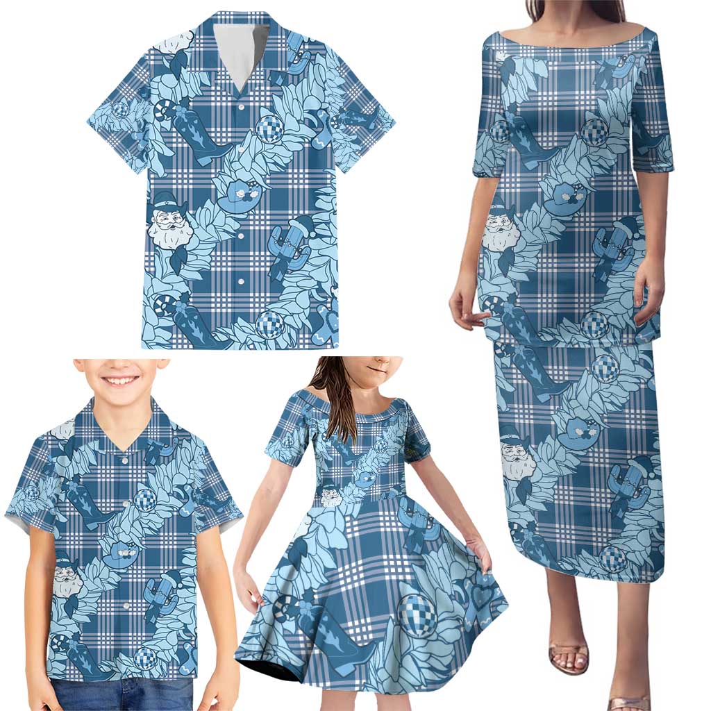Blue Palaka Hawaii Cowboy Christmas Family Matching Puletasi and Hawaiian Shirt Paniolo Mix Maile Lei - Polynesian Pride