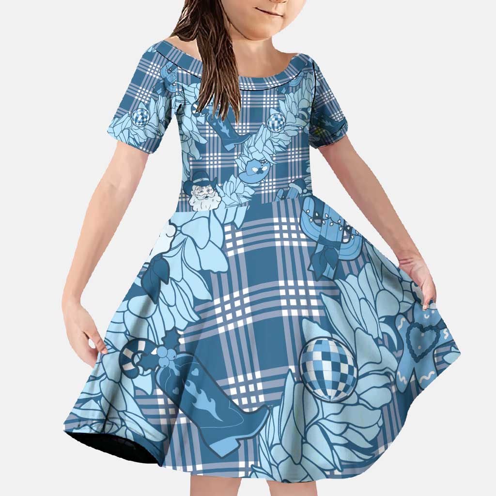 Blue Palaka Hawaii Cowboy Christmas Family Matching Short Sleeve Bodycon Dress and Hawaiian Shirt Paniolo Mix Maile Lei - Polynesian Pride