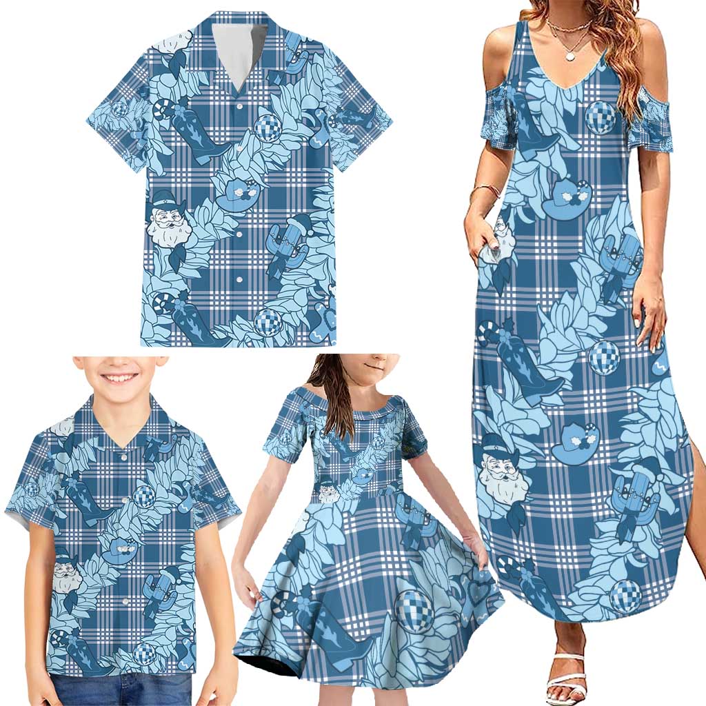 Blue Palaka Hawaii Cowboy Christmas Family Matching Summer Maxi Dress and Hawaiian Shirt Paniolo Mix Maile Lei - Polynesian Pride