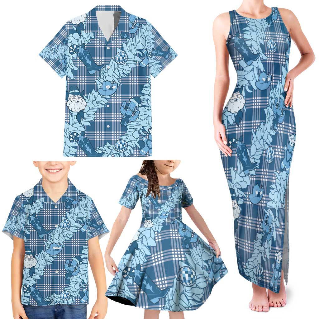 Blue Palaka Hawaii Cowboy Christmas Family Matching Tank Maxi Dress and Hawaiian Shirt Paniolo Mix Maile Lei - Polynesian Pride
