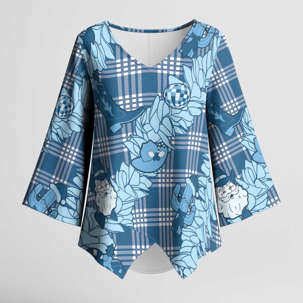 Blue Palaka Hawaii Cowboy Christmas Kimono Sleeve Blouse Paniolo Mix Maile Lei - Polynesian Pride