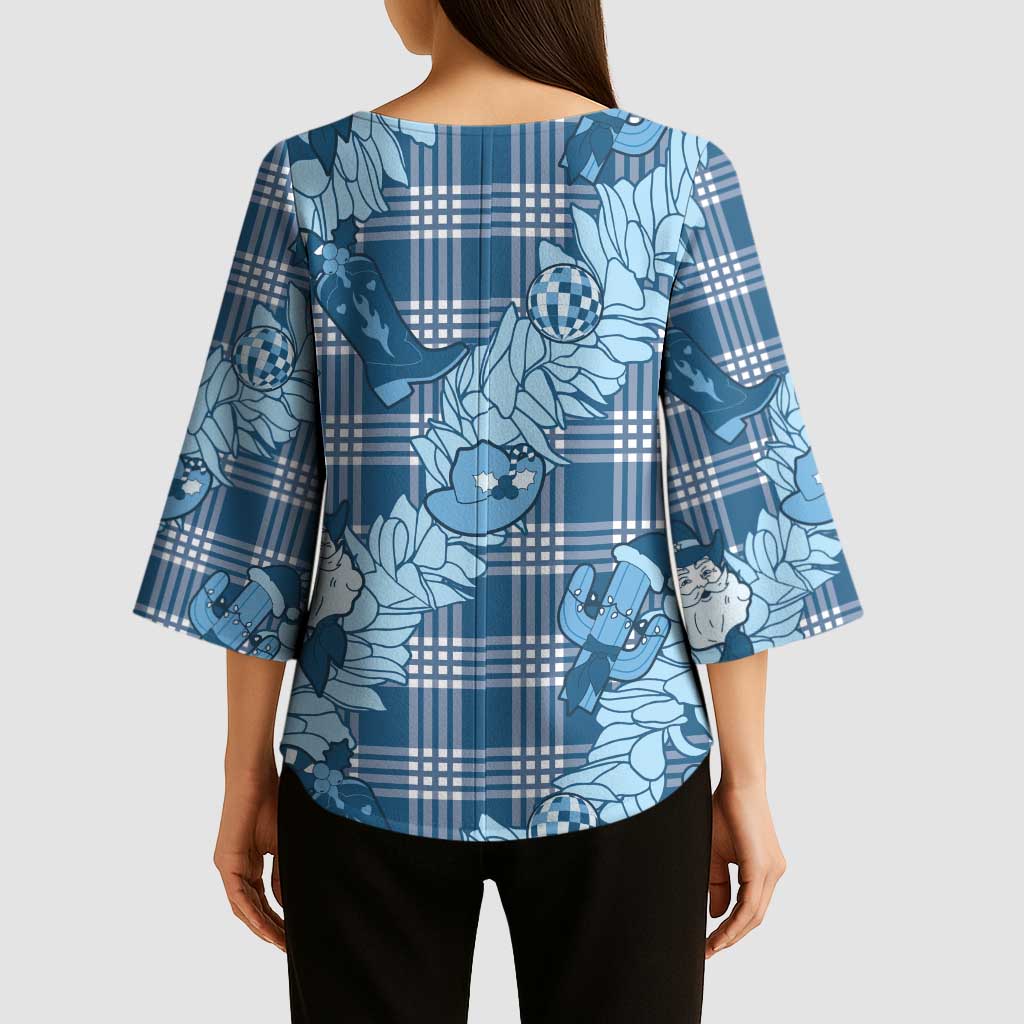 Blue Palaka Hawaii Cowboy Christmas Kimono Sleeve Blouse Paniolo Mix Maile Lei - Polynesian Pride