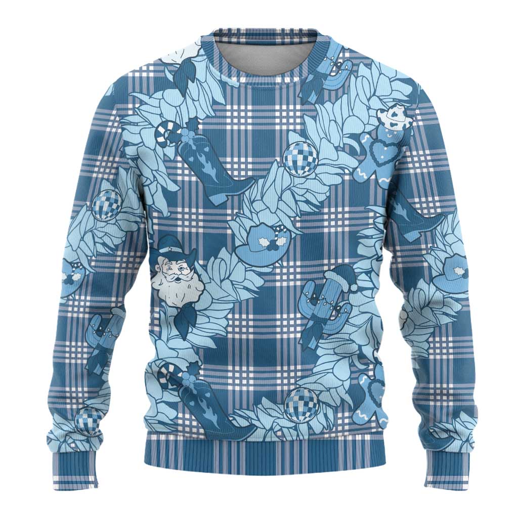 Blue Palaka Hawaii Cowboy Christmas Ugly Christmas Sweater Paniolo Mix Maile Lei - Polynesian Pride