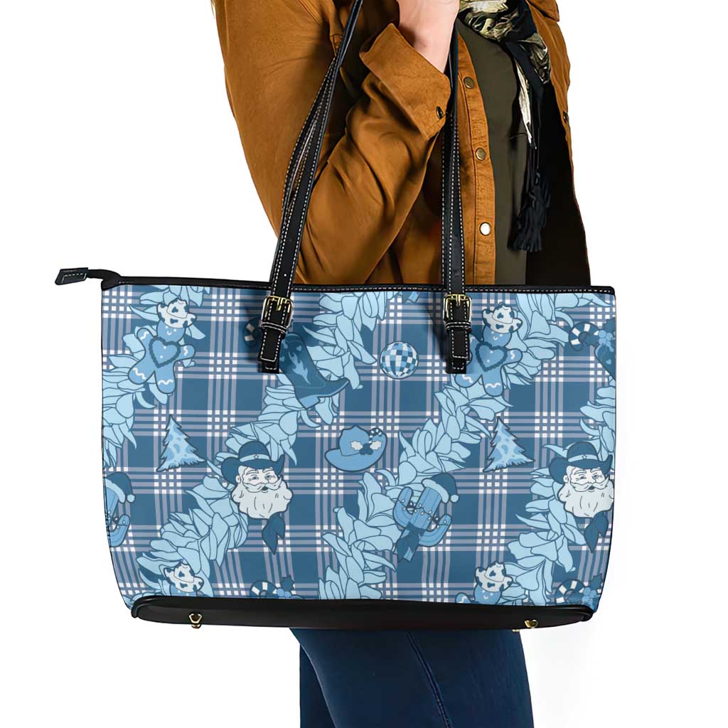 Blue Palaka Hawaii Cowboy Christmas Leather Tote Bag Paniolo Mix Maile Lei - Polynesian Pride