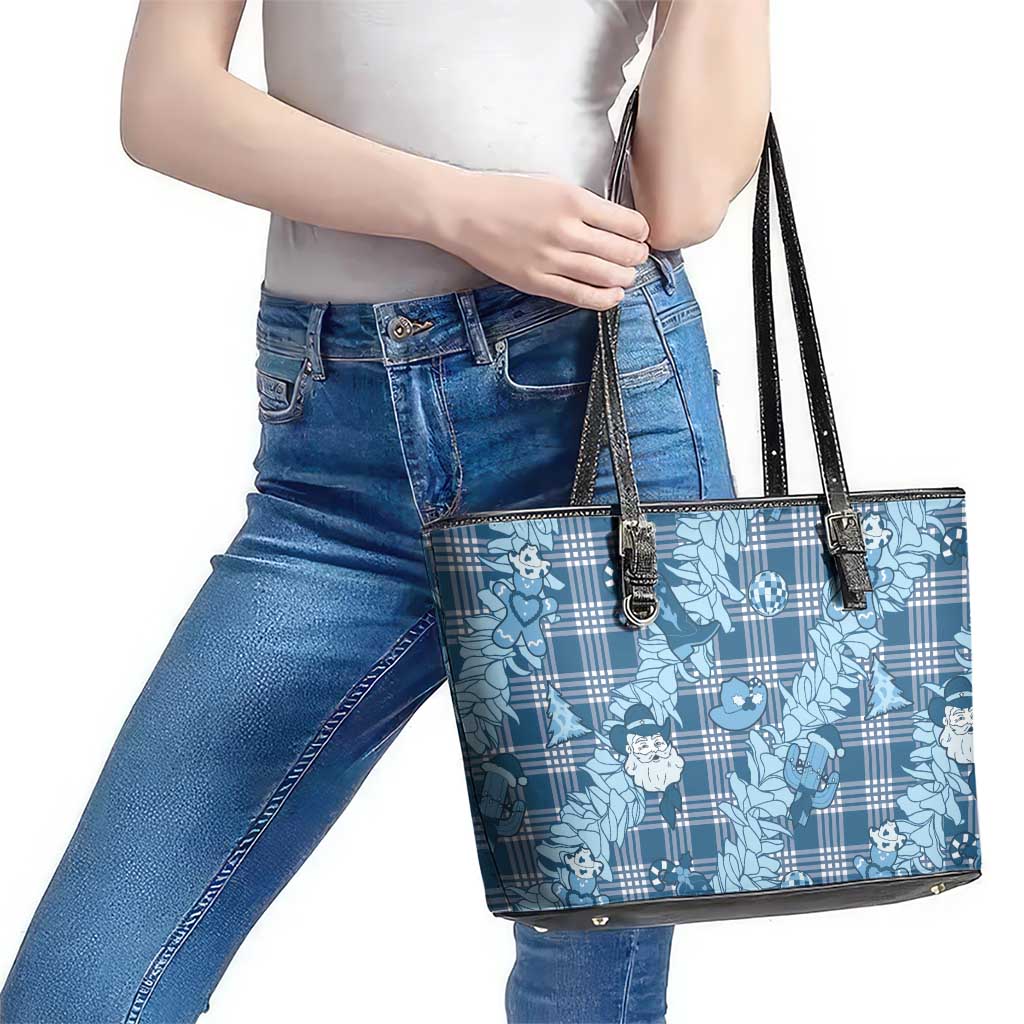 Blue Palaka Hawaii Cowboy Christmas Leather Tote Bag Paniolo Mix Maile Lei - Polynesian Pride