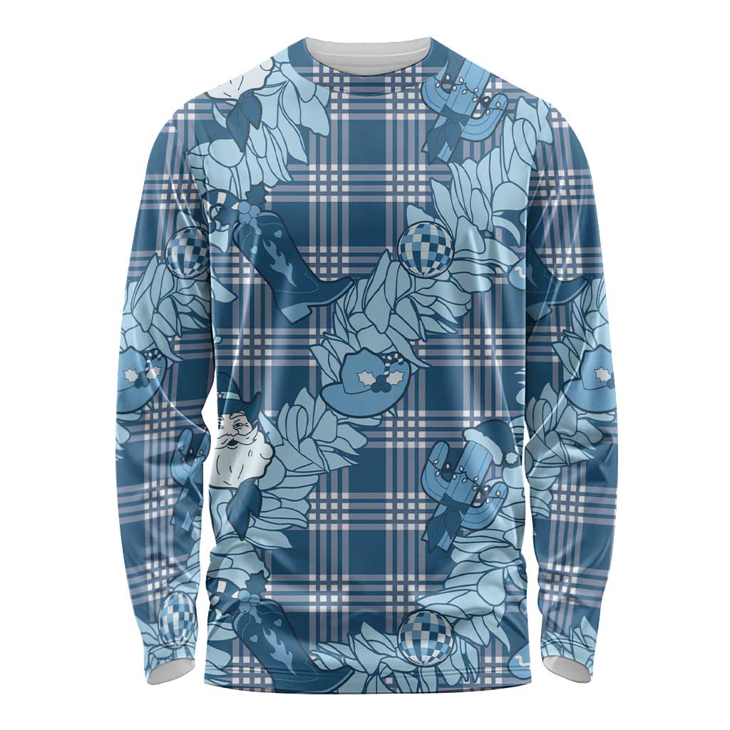 Blue Palaka Hawaii Cowboy Christmas Long Sleeve Shirt Paniolo Mix Maile Lei - Polynesian Pride
