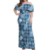 Blue Palaka Hawaii Cowboy Christmas Off Shoulder Maxi Dress Paniolo Mix Maile Lei - Polynesian Pride