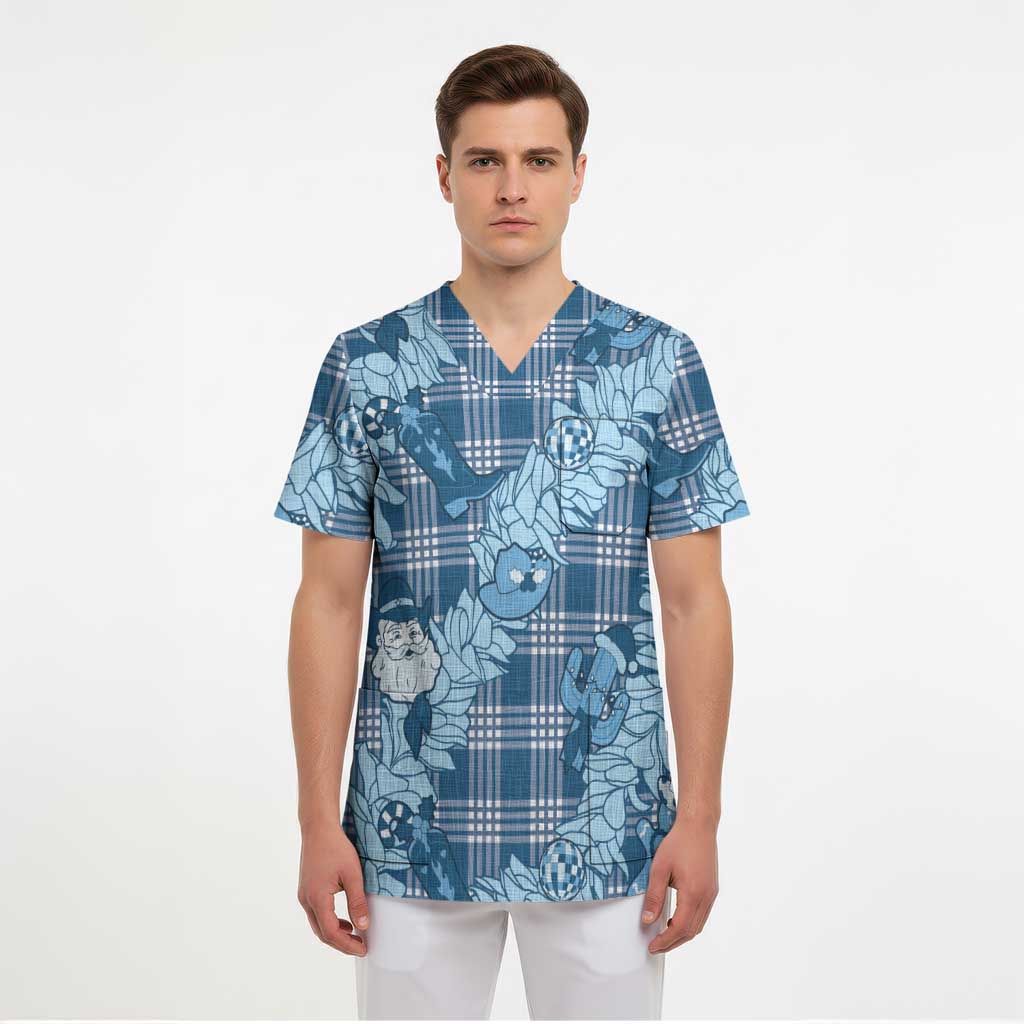 Blue Palaka Hawaii Cowboy Christmas Scrub Top Paniolo Mix Maile Lei - Polynesian Pride