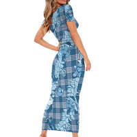 Blue Palaka Hawaii Cowboy Christmas Short Sleeve Bodycon Dress Paniolo Mix Maile Lei - Polynesian Pride