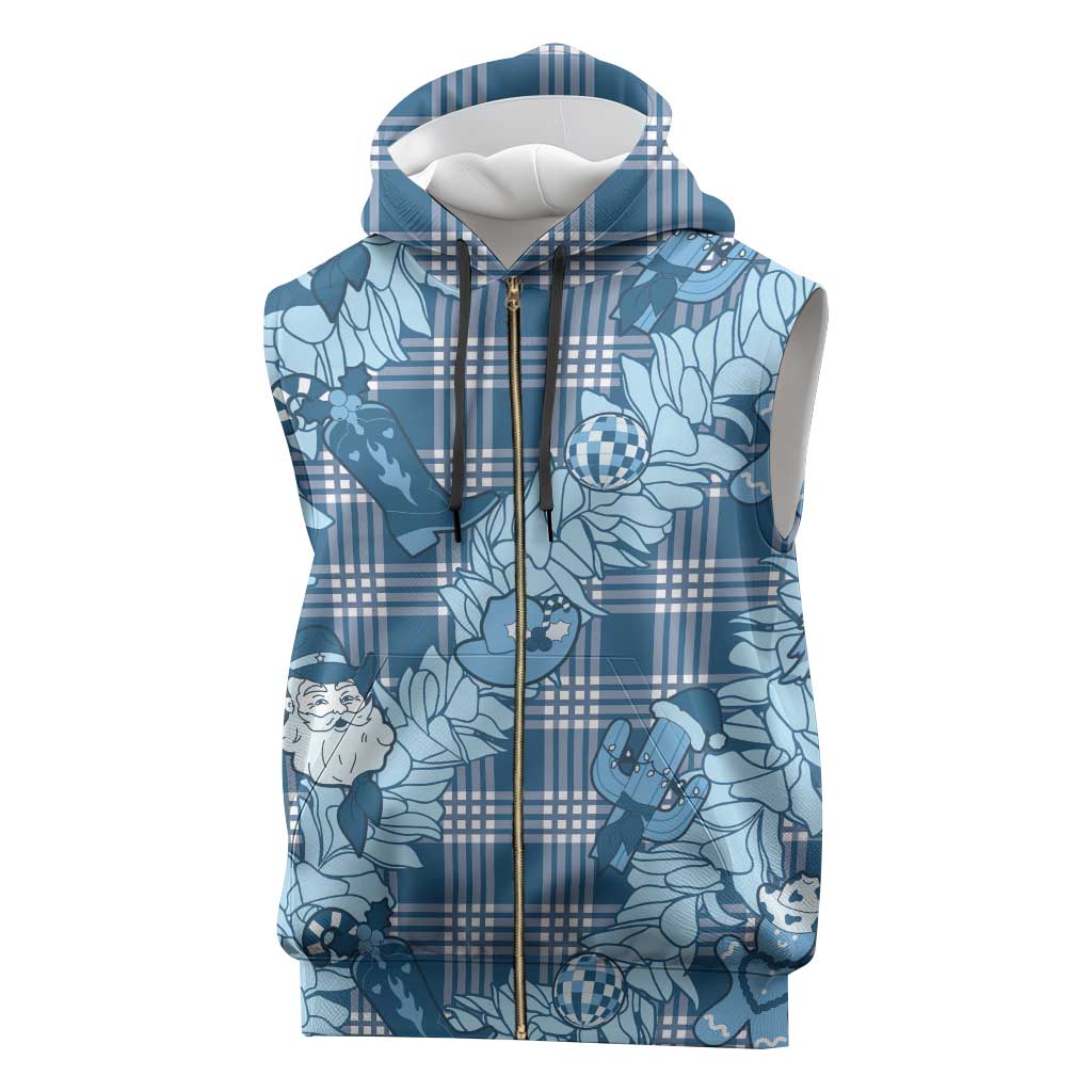 Blue Palaka Hawaii Cowboy Christmas Sleeveless Zip Hoodie Paniolo Mix Maile Lei - Polynesian Pride
