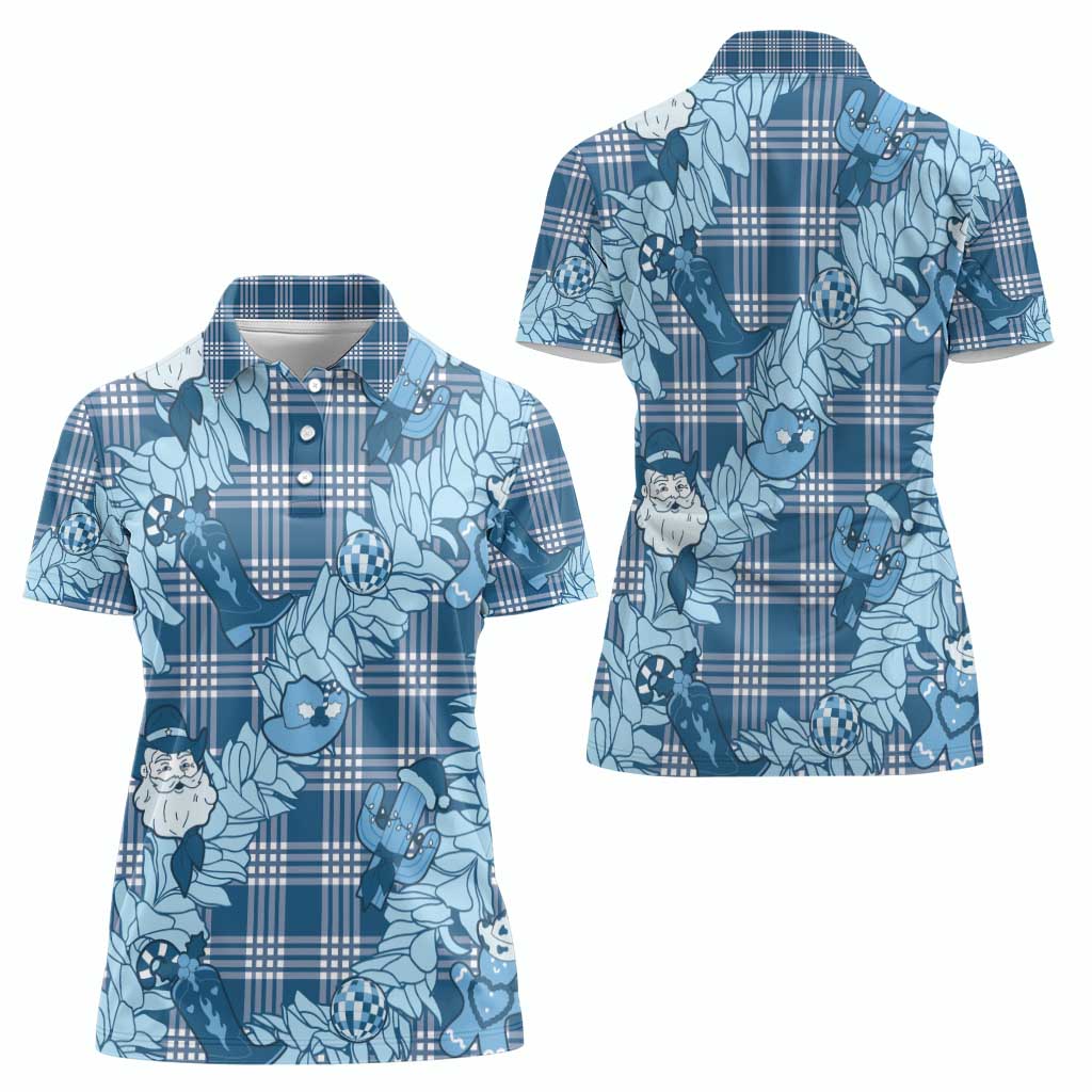 Blue Palaka Hawaii Cowboy Christmas Women Polo Shirt Paniolo Mix Maile Lei - Polynesian Pride