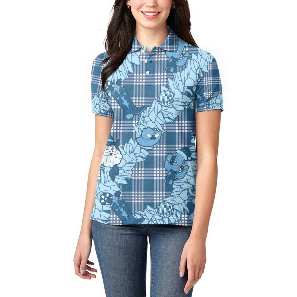 Blue Palaka Hawaii Cowboy Christmas Women Polo Shirt Paniolo Mix Maile Lei - Polynesian Pride