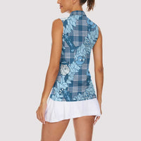 Blue Palaka Hawaii Cowboy Christmas Women Sleeveless Polo Shirt Paniolo Mix Maile Lei - Polynesian Pride