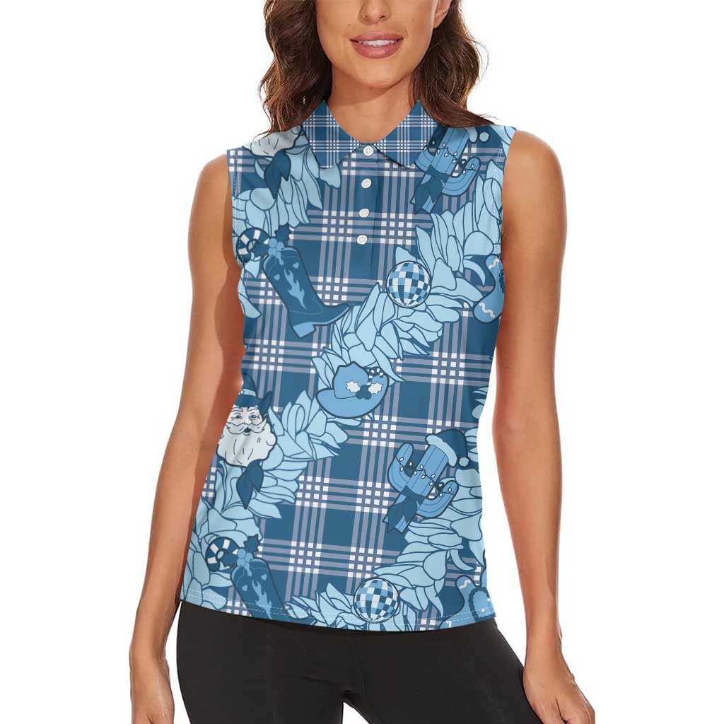 Blue Palaka Hawaii Cowboy Christmas Women Sleeveless Polo Shirt Paniolo Mix Maile Lei - Polynesian Pride