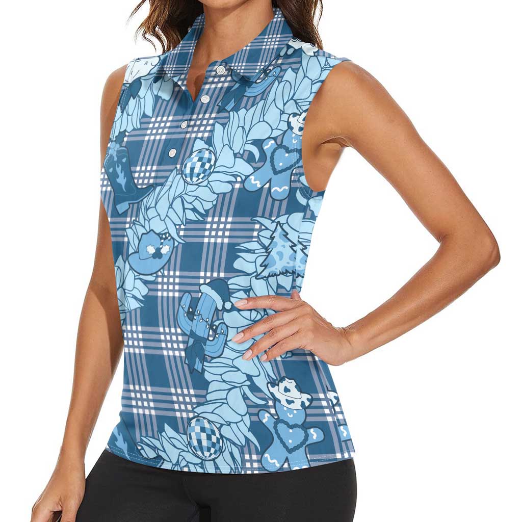 Blue Palaka Hawaii Cowboy Christmas Women Sleeveless Polo Shirt Paniolo Mix Maile Lei - Polynesian Pride
