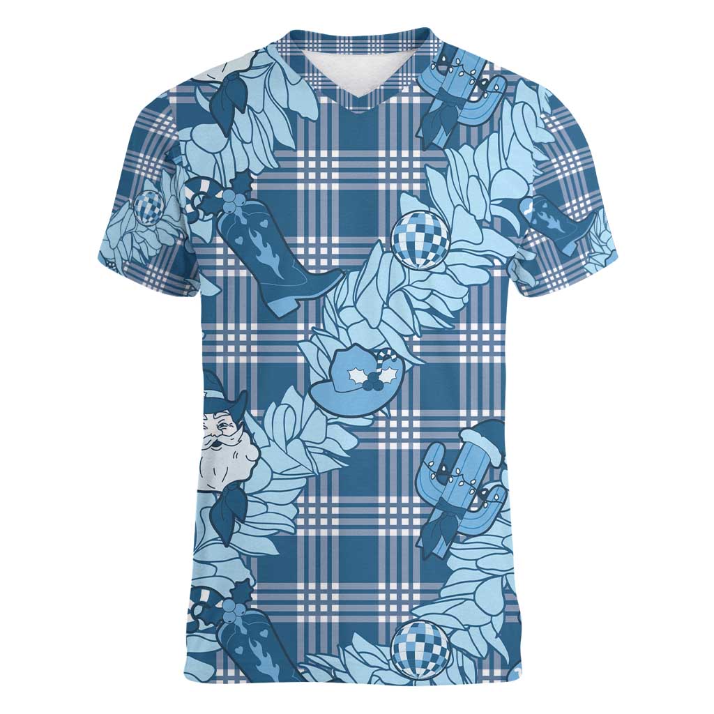 Blue Palaka Hawaii Cowboy Christmas Women V-Neck T-Shirt Paniolo Mix Maile Lei - Polynesian Pride