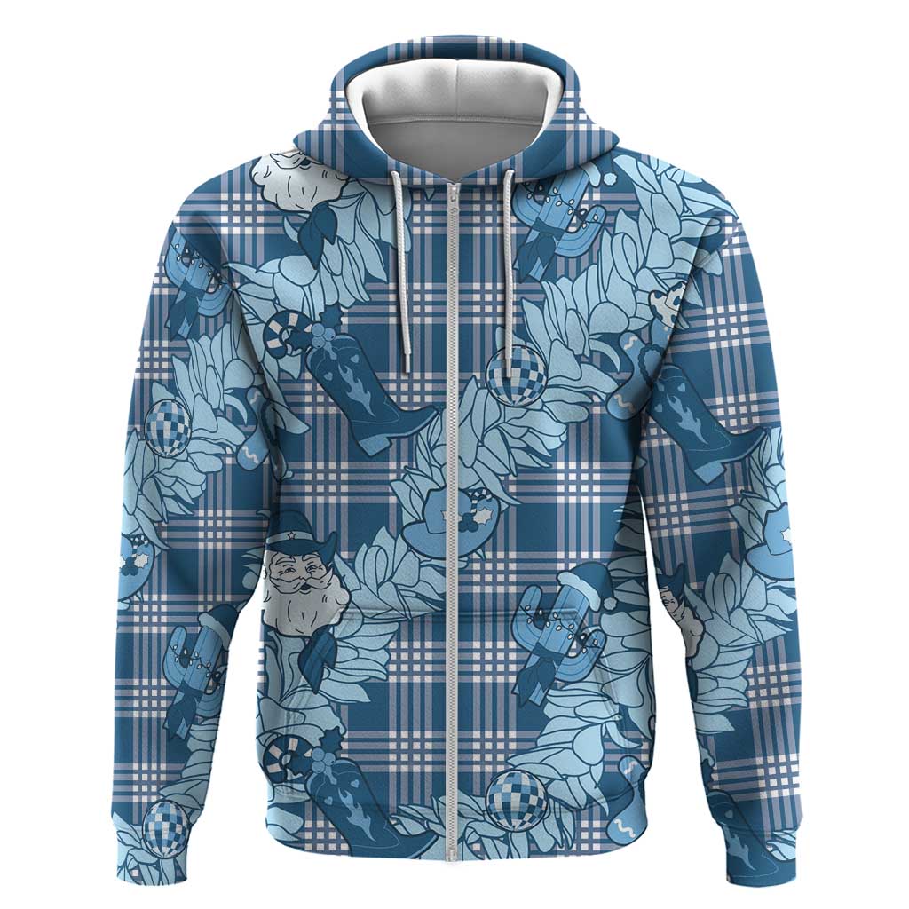 Blue Palaka Hawaii Cowboy Christmas Zip Hoodie Paniolo Mix Maile Lei - Polynesian Pride