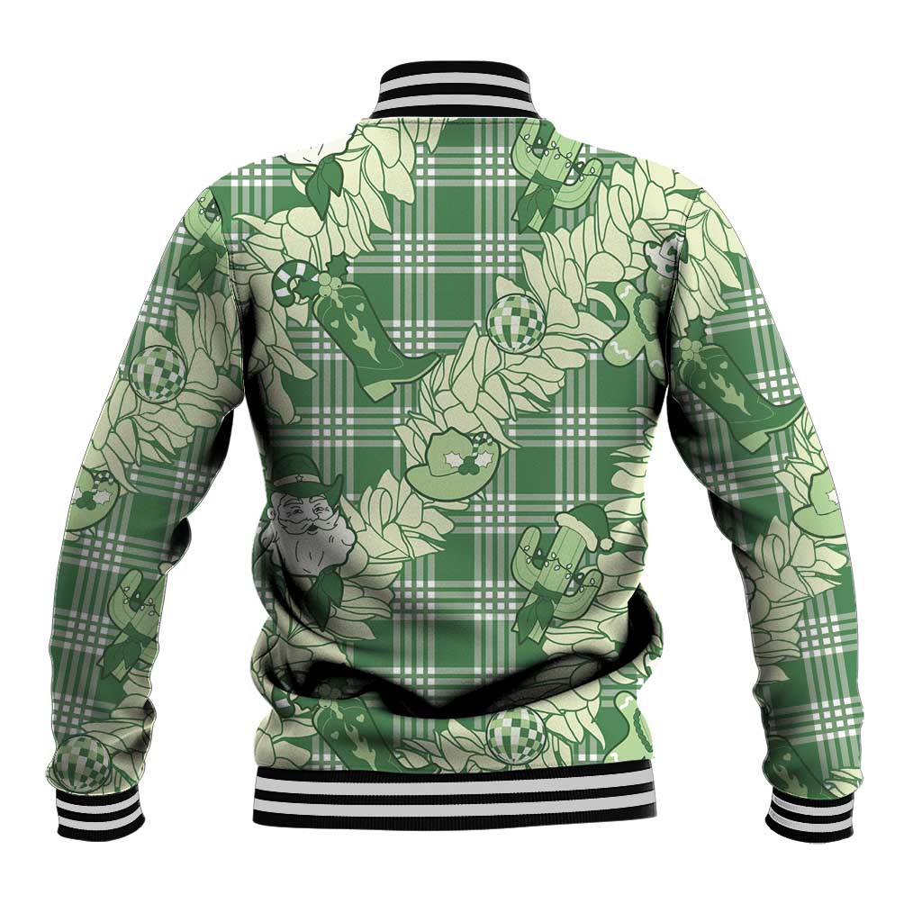 Green Palaka Hawaii Cowboy Christmas Baseball Jacket Paniolo Mix Maile Lei - Polynesian Pride