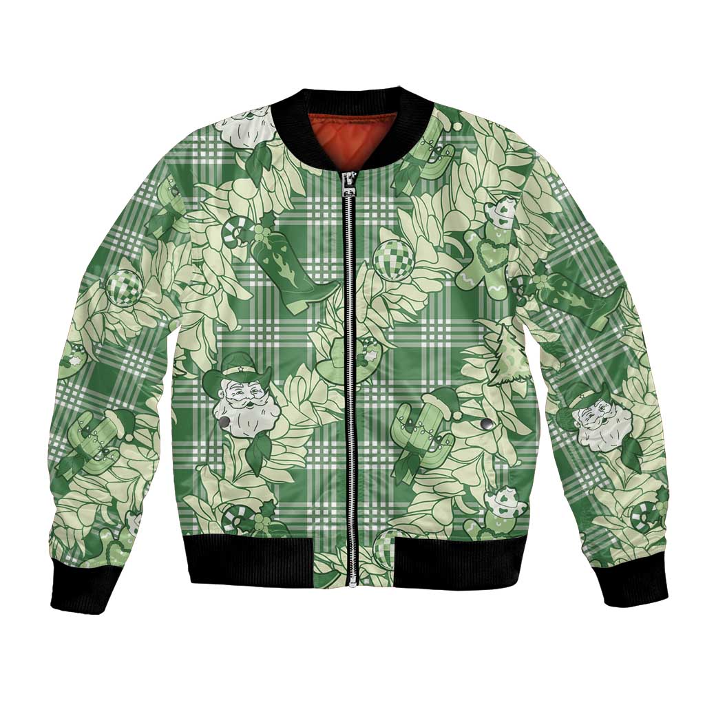 Green Palaka Hawaii Cowboy Christmas Bomber Jacket Paniolo Mix Maile Lei - Polynesian Pride