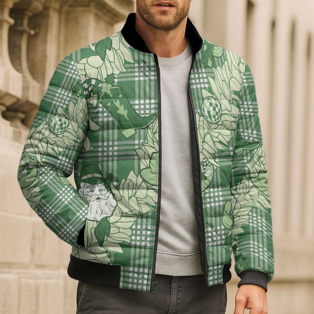 Green Palaka Hawaii Cowboy Christmas Bomber Puffer Jacket Paniolo Mix Maile Lei - Polynesian Pride