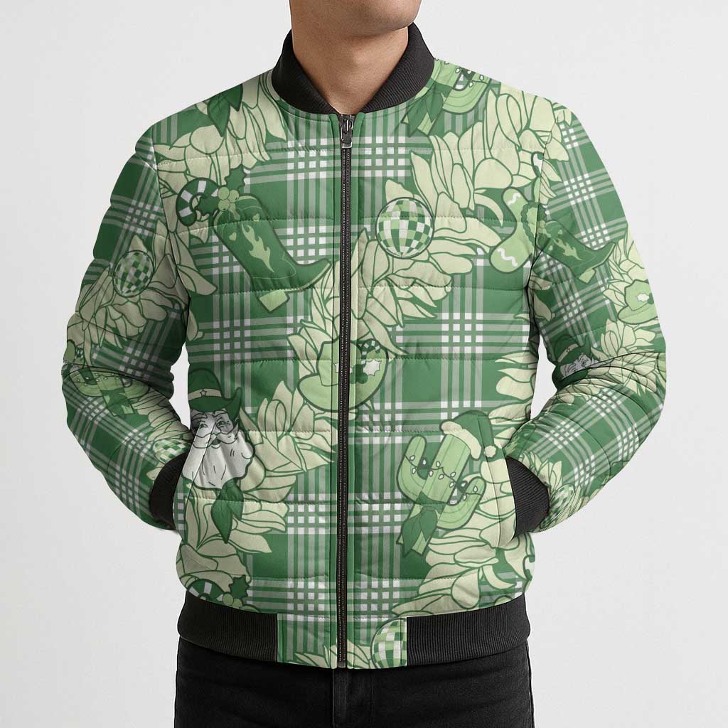 Green Palaka Hawaii Cowboy Christmas Bomber Puffer Jacket Paniolo Mix Maile Lei - Polynesian Pride