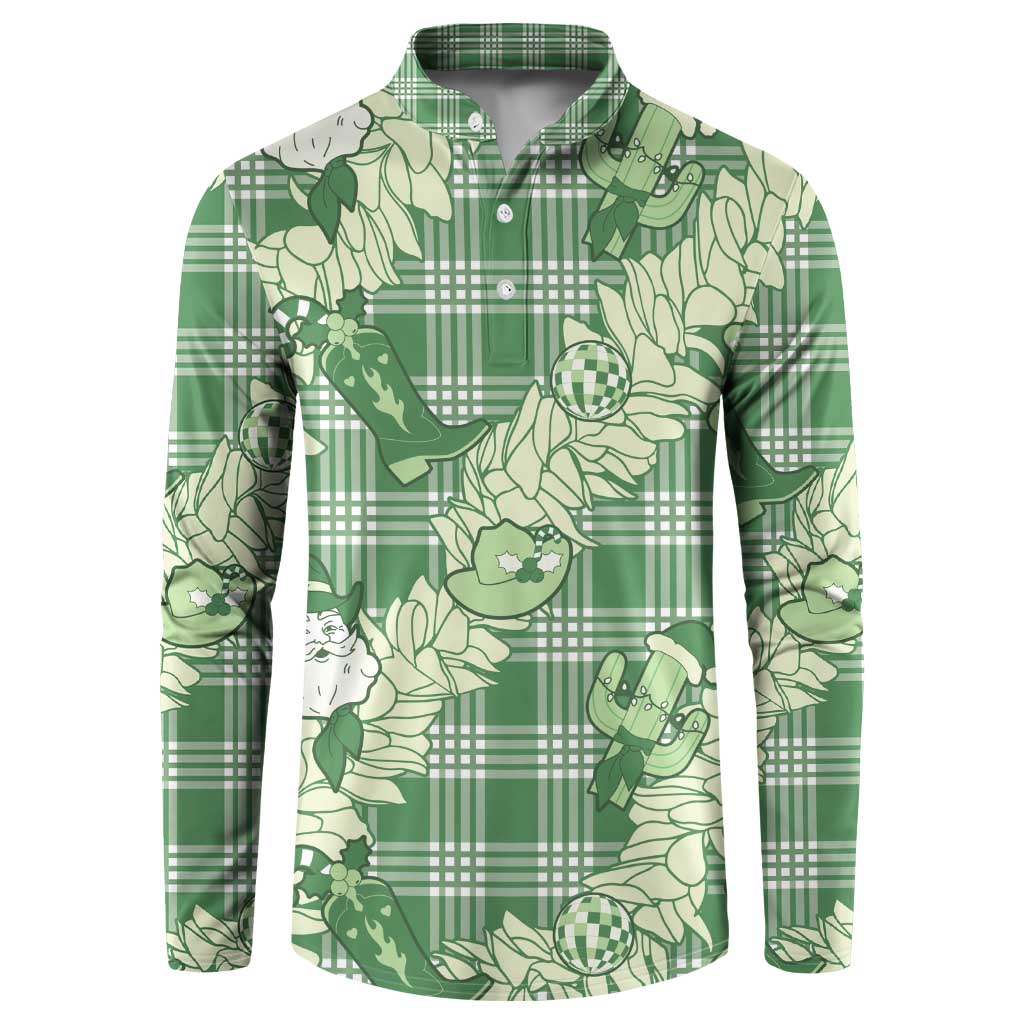 Green Palaka Hawaii Cowboy Christmas Button Sweatshirt Paniolo Mix Maile Lei - Polynesian Pride