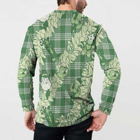 Green Palaka Hawaii Cowboy Christmas Button Sweatshirt Paniolo Mix Maile Lei - Polynesian Pride